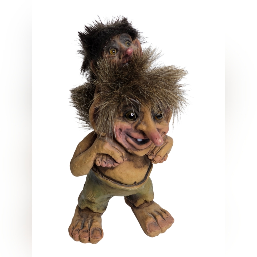 Vtg NyForm Piggyback Norwegian Big Nose Troll & Child #178 Norway Figurine Gnome